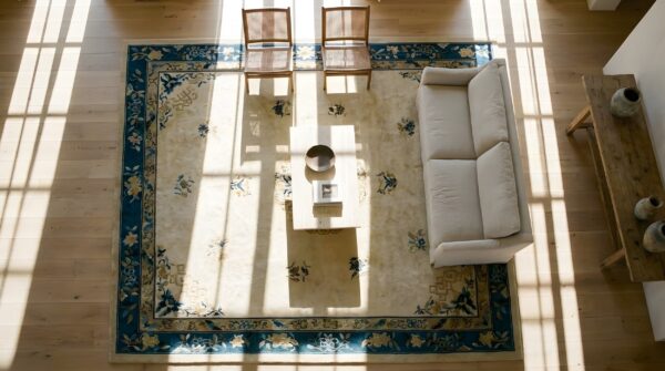 Antique chinese - peking chinese floral, medallion rug 2 Antique chinese - peking chinese floral, medallion rug (sku 24906) - styled overhead view