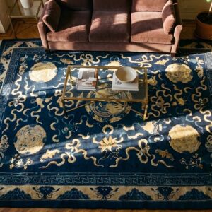 Antique Chinese - Peking Chinese Floral, Medallion Blue 1880s Rug (SKU 25129) - styled overhead view