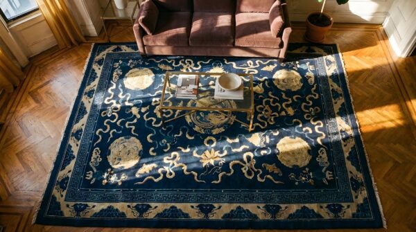 Antique chinese - peking chinese floral, medallion blue 1880s rug (sku 25129) - styled overhead view