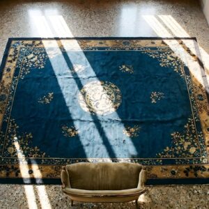 Antique Chinese - Peking Chinese Floral, Medallion Blue 1900s Rug (SKU 24893) - styled overhead view
