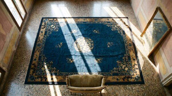 Antique chinese - peking chinese floral, medallion blue 1900s rug 2 Antique chinese - peking chinese floral, medallion blue 1900s rug (sku 24893) - styled overhead view