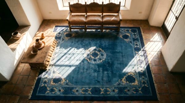 Antique chinese - peking chinese floral, medallion blue 1900s blue rug 2 Antique chinese - peking chinese floral, medallion blue 1900s blue rug (sku 25186) - styled overhead view