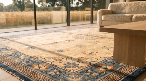 Antique chinese peking chinese floral, medallion ivory 1920s rug (sku 24874) - in-room detail