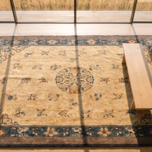 Antique Chinese Peking Chinese Floral, Medallion Ivory 1920s Rug (SKU 24874) - styled overhead view