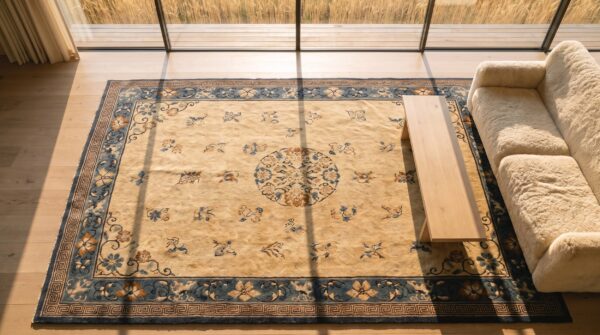 Antique chinese peking chinese floral, medallion ivory 1920s rug (sku 24874) - styled overhead view