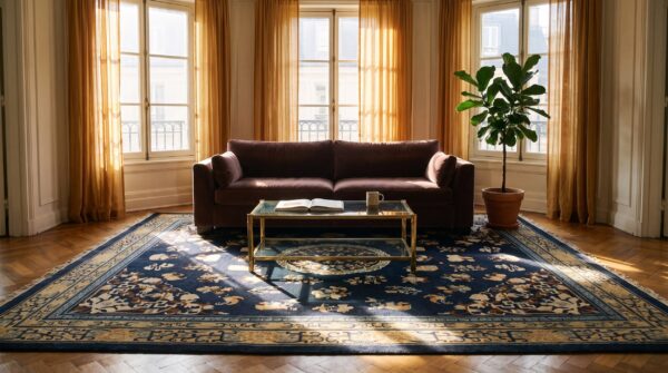 Antique chinese peking floral medallion pattern blue color late 19th century rug 9 Antique chinese peking floral medallion pattern blue color late 19th century rug (sku 24842) - room view