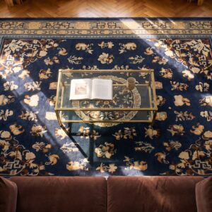 Antique Chinese Peking Floral Medallion Pattern Blue Color Late 19th Century Rug (SKU 24842) - styled overhead view