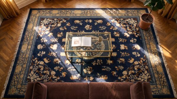Antique chinese peking floral medallion pattern blue color late 19th century rug 2 Antique chinese peking floral medallion pattern blue color late 19th century rug (sku 24842) - styled overhead view