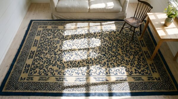 Antique chinese - peking chinese geometric knotted rug 2 Antique chinese - peking chinese geometric knotted rug (sku 24968) - styled overhead view
