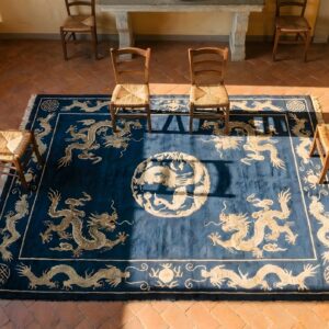 Antique Chinese - Peking Geometric Knotted Rug (SKU 25222) - styled overhead view