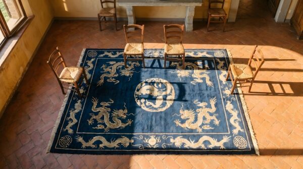 Antique chinese - peking geometric knotted rug 2 Antique chinese - peking geometric knotted rug (sku 25222) - styled overhead view