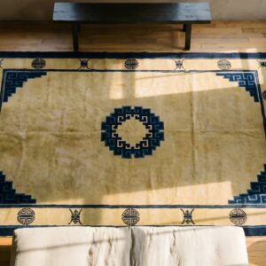 Antique Chinese - Peking Hallway Runner Wool Ivory Rug (SKU 25017) - styled overhead view