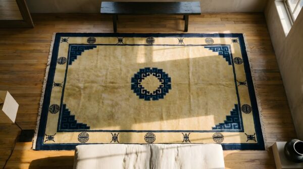 Antique chinese - peking hallway runner wool ivory rug 2 Antique chinese - peking hallway runner wool ivory rug (sku 25017) - styled overhead view