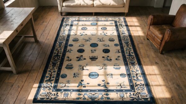 Antique chinese peking ivory 1870s ivory rug 2 Antique chinese peking ivory 1870s ivory rug (sku 22752) - styled overhead view