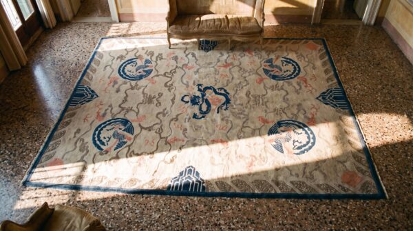 Antique chinese - peking ivory 1880s wool rug 2 Antique chinese - peking ivory 1880s wool rug (sku 23398) - styled overhead view