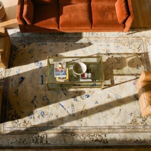 Chinese - Peking Ivory 1880s Antique Wool Rectangle Knotted Room Size Rug (SKU 25700) - styled overhead view