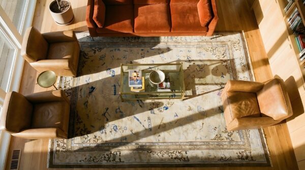 Chinese - peking ivory 1880s antique wool rectangle knotted room size rug 2 Chinese - peking ivory 1880s antique wool rectangle knotted room size rug (sku 25700) - styled overhead view