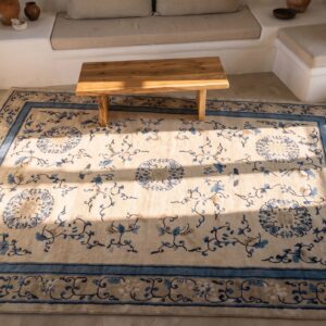 Chinese - Peking Antique Knotted Wool Ivory 1900s Hallway Runner Rectangle Rug (SKU 23369) - styled overhead view