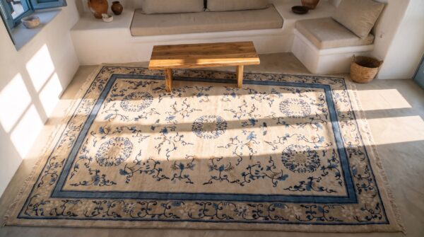 Chinese - peking antique knotted wool ivory 1900s hallway runner rectangle rug 2 Chinese - peking antique knotted wool ivory 1900s hallway runner rectangle rug (sku 23369) - styled overhead view