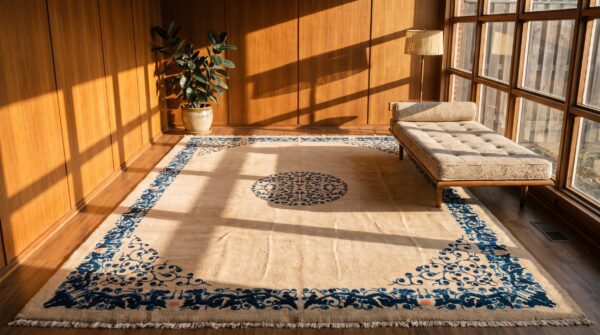 Wool chinese - peking ivory rectangle knotted antique 1890s room size rug 6 Wool chinese - peking ivory rectangle knotted antique 1890s room size rug (sku 22761) - room view