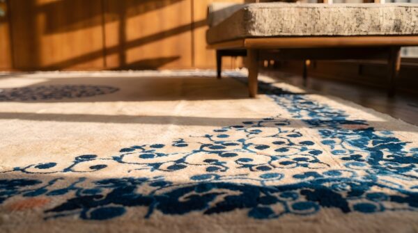 Wool chinese - peking ivory rectangle knotted antique 1890s room size rug 7 Wool chinese - peking ivory rectangle knotted antique 1890s room size rug (sku 22761) - in-room detail
