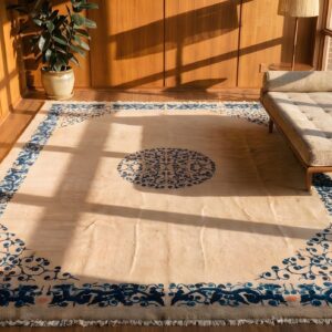 Wool Chinese - Peking Ivory Rectangle Knotted Antique 1890s Room Size Rug (SKU 22761) - styled overhead view