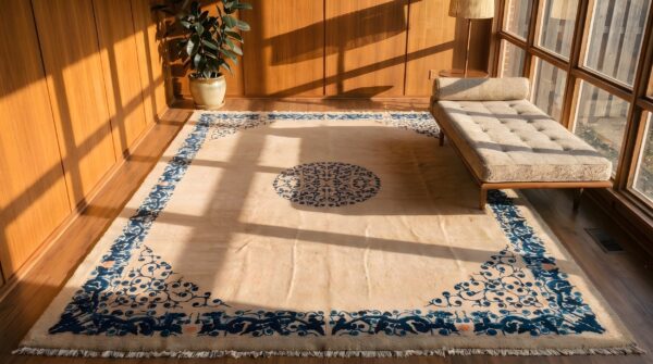 Wool chinese - peking ivory rectangle knotted antique 1890s room size rug 2 Wool chinese - peking ivory rectangle knotted antique 1890s room size rug (sku 22761) - styled overhead view