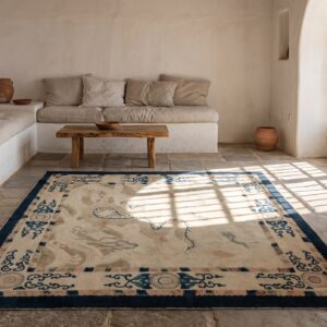 Antique Chinese Peking Ivory Wool Square Rug - 1900s Small Scatter Size (SKU 22629) - room view
