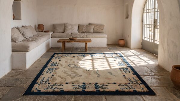 Antique chinese peking ivory wool square rug - 1900s small scatter size 7 Antique chinese peking ivory wool square rug - 1900s small scatter size (sku 22629) - room view