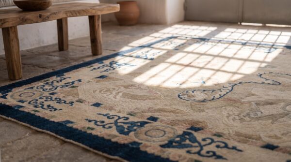 Antique chinese peking ivory wool square rug - 1900s small scatter size 8 Antique chinese peking ivory wool square rug - 1900s small scatter size (sku 22629) - in-room detail