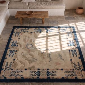 Antique Chinese Peking Ivory Wool Square Rug - 1900s Small Scatter Size (SKU 22629) - styled overhead view