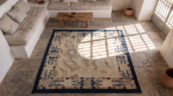 Antique chinese peking ivory wool square rug - 1900s small scatter size 2 Antique chinese peking ivory wool square rug - 1900s small scatter size (sku 22629) - styled overhead view