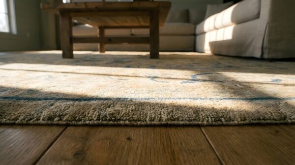 Antique chinese peking medallion ivory 1880s square rug (sku 24903) - in-room detail