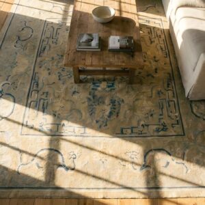 Antique Chinese Peking Medallion Ivory 1880s Square Rug (SKU 24903) - styled overhead view