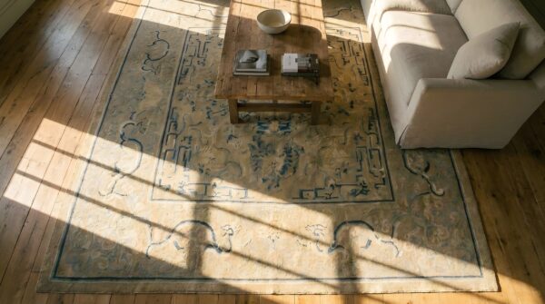 Antique chinese peking medallion ivory 1880s square rug (sku 24903) - styled overhead view