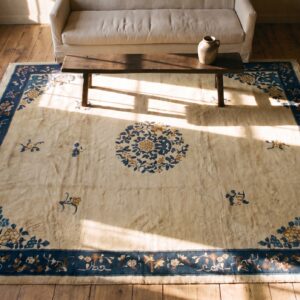 Antique Chinese - Peking Medium Wool Ivory Rug (SKU 25119) - styled overhead view