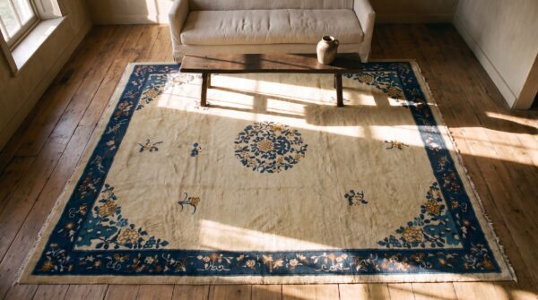 Antique chinese - peking medium wool ivory rug 2 Antique chinese - peking medium wool ivory rug (sku 25119) - styled overhead view
