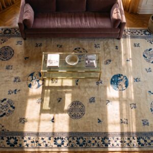 Antique Chinese - Peking Oversized Wool Ivory Rug (SKU 25550) - styled overhead view