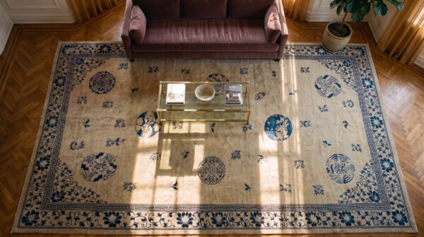 Antique chinese - peking oversized wool ivory rug 2 Antique chinese - peking oversized wool ivory rug (sku 25550) - styled overhead view