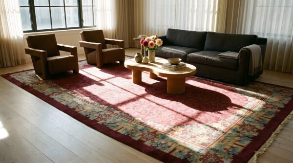 Antique chinese - peking oversized large big wool coral rug 9 Antique chinese - peking oversized large big wool coral rug (sku 25704) - room view