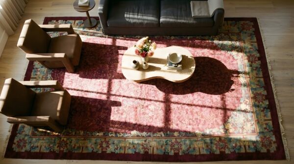 Antique chinese - peking oversized large big wool coral rug 2 Antique chinese - peking oversized large big wool coral rug (sku 25704) - styled overhead view