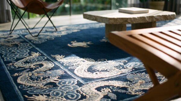 Chinese - peking knotted rectangle antique wool 1900s small scatter size blue rug (sku 25549) - in-room detail