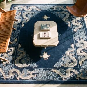 Chinese - Peking Knotted Rectangle Antique Wool 1900s Small Scatter Size Blue Rug (SKU 25549) - styled overhead view