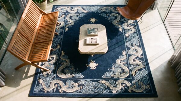 Chinese - peking knotted rectangle antique wool 1900s small scatter size blue rug (sku 25549) - styled overhead view