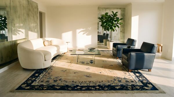 Wool knotted chinese - peking room size 1920s rectangle antique ivory rug 9 Wool knotted chinese - peking room size 1920s rectangle antique ivory rug (sku 24774) - room view