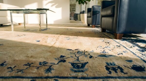 Wool knotted chinese - peking room size 1920s rectangle antique ivory rug 10 Wool knotted chinese - peking room size 1920s rectangle antique ivory rug (sku 24774) - in-room detail