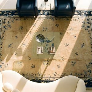 Wool Knotted Chinese - Peking Room Size 1920s Rectangle Antique Ivory Rug (SKU 24774) - styled overhead view