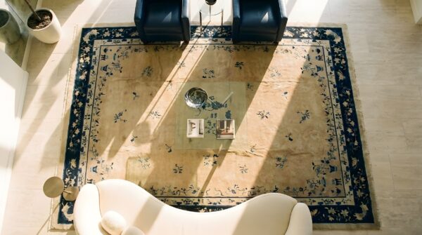 Wool knotted chinese - peking room size 1920s rectangle antique ivory rug 2 Wool knotted chinese - peking room size 1920s rectangle antique ivory rug (sku 24774) - styled overhead view