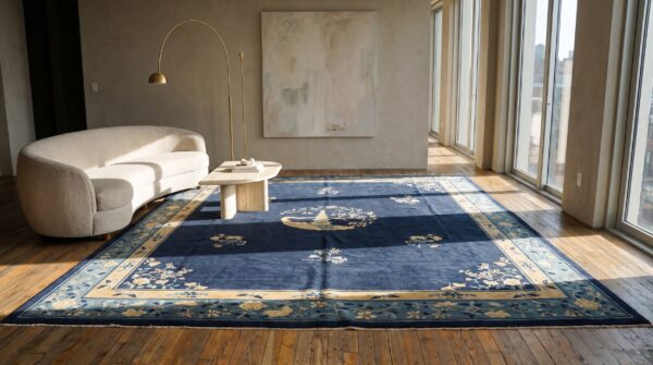Chinese - peking room size antique blue 1920s wool rectangle knotted rug 9 Chinese - peking room size antique blue 1920s wool rectangle knotted rug (sku 23172) - room view