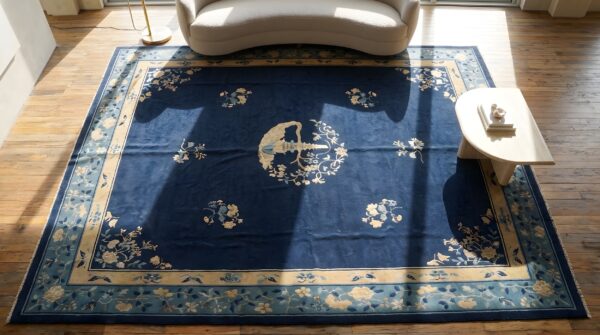 Chinese - peking room size antique blue 1920s wool rectangle knotted rug 2 Chinese - peking room size antique blue 1920s wool rectangle knotted rug (sku 23172) - styled overhead view